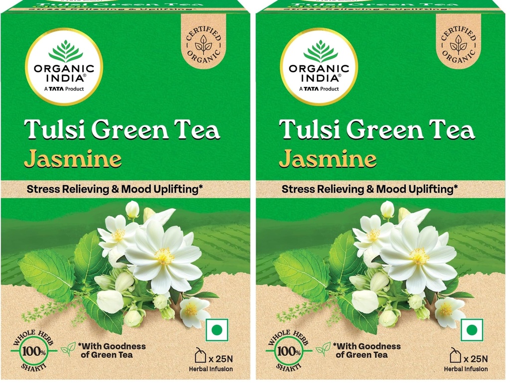 A TATA Product - Organic India Tulsi Green Tea Jasmine - 25 Tea Bags, Certified Organic, Stress Relief, Mood Uplifting, Antioxidant Power, Soothing Jasmine Blend (Pack of 2)