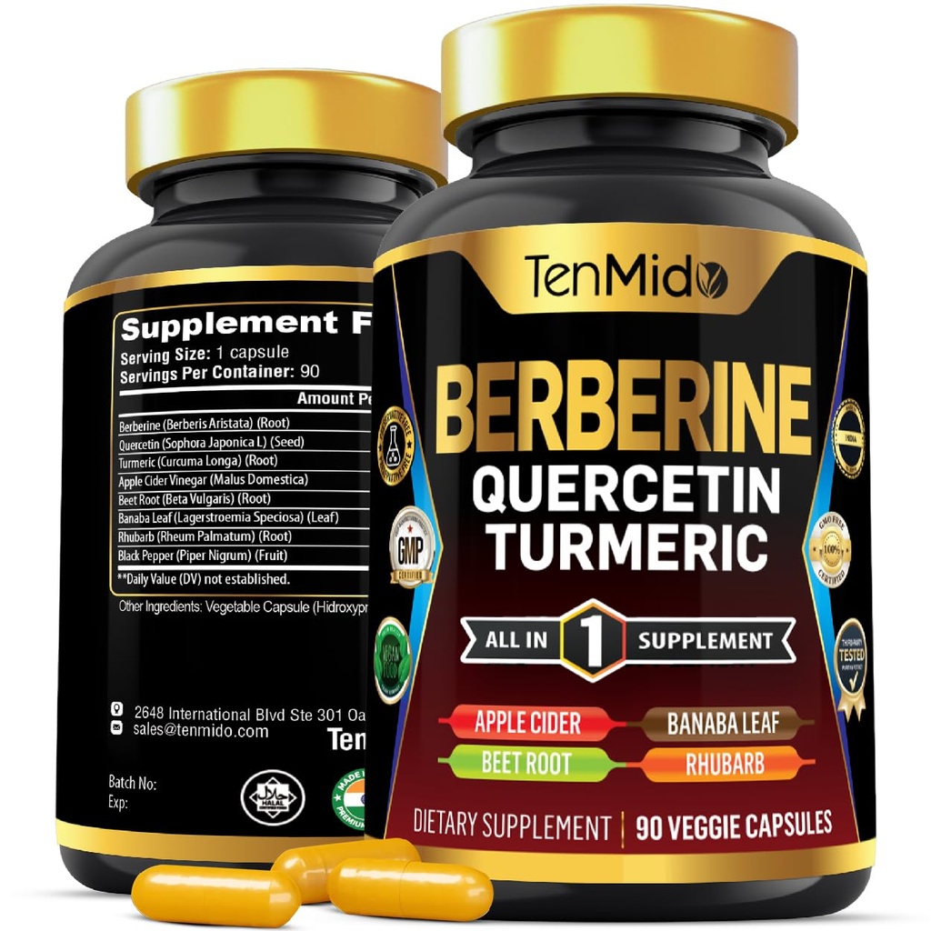 Berberine Ergänzung für Männer und Frauen, 8in1 Formel mit Quercetin, Turmeric, Apple Cider Essig, Beet Root & More - Verdauungshilfe, Immununterstützung - Reich an Nährstoff - 90 Kapseln