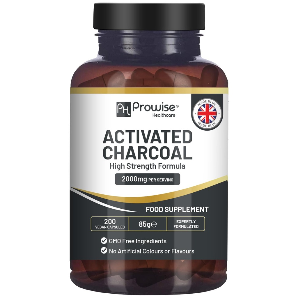 Activated Charcoal Capsules - 200 High Strength Vegan Capsules- 2000mg pro Servieren I Made in UK von Prowise Healthcare