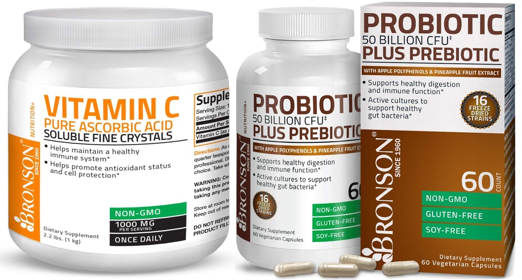 Bronson Probiotic 50 Billion CFU + Präbiotisch mit Apfel-Polyphenole & Ananas-Fruchtextrakt Vitamin C Pulver reine Ascorbinsäure löslich feine nicht GMO-Kristalle