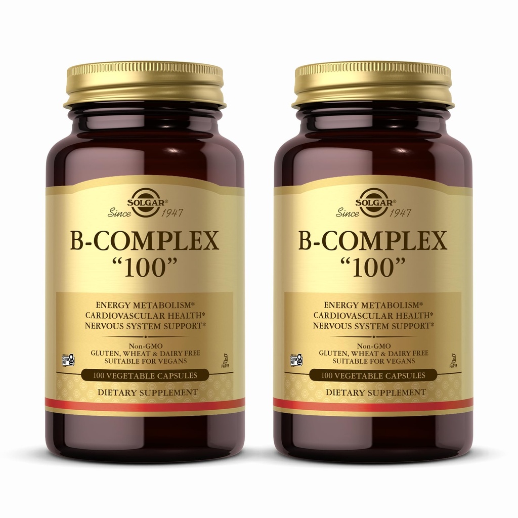 Solgar B-Complex 100" - 100 capsules végétales, boîte de 2 - Métabolisme énergétique, support du système nerveux - Non-OGM, végétalien, sans gluten - 200 portions totales