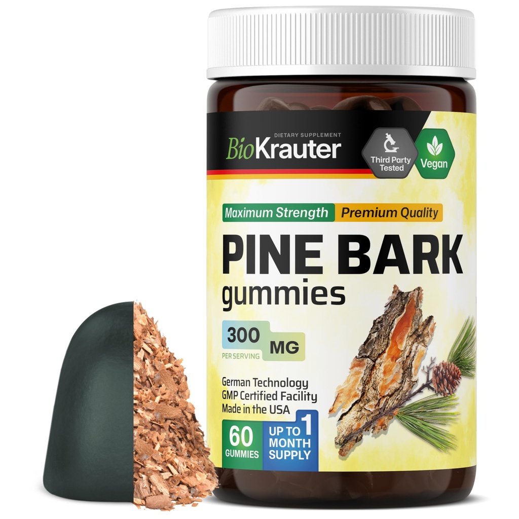 BIO KRAUTER Pine Bark Extract Gummi - 300 mg Stärke - 60 Vegan Chews - French Maritime Pine Bark Extract - Antioxidans Supplement - 95% Proanthocyanidine - Pectin-Based Formula