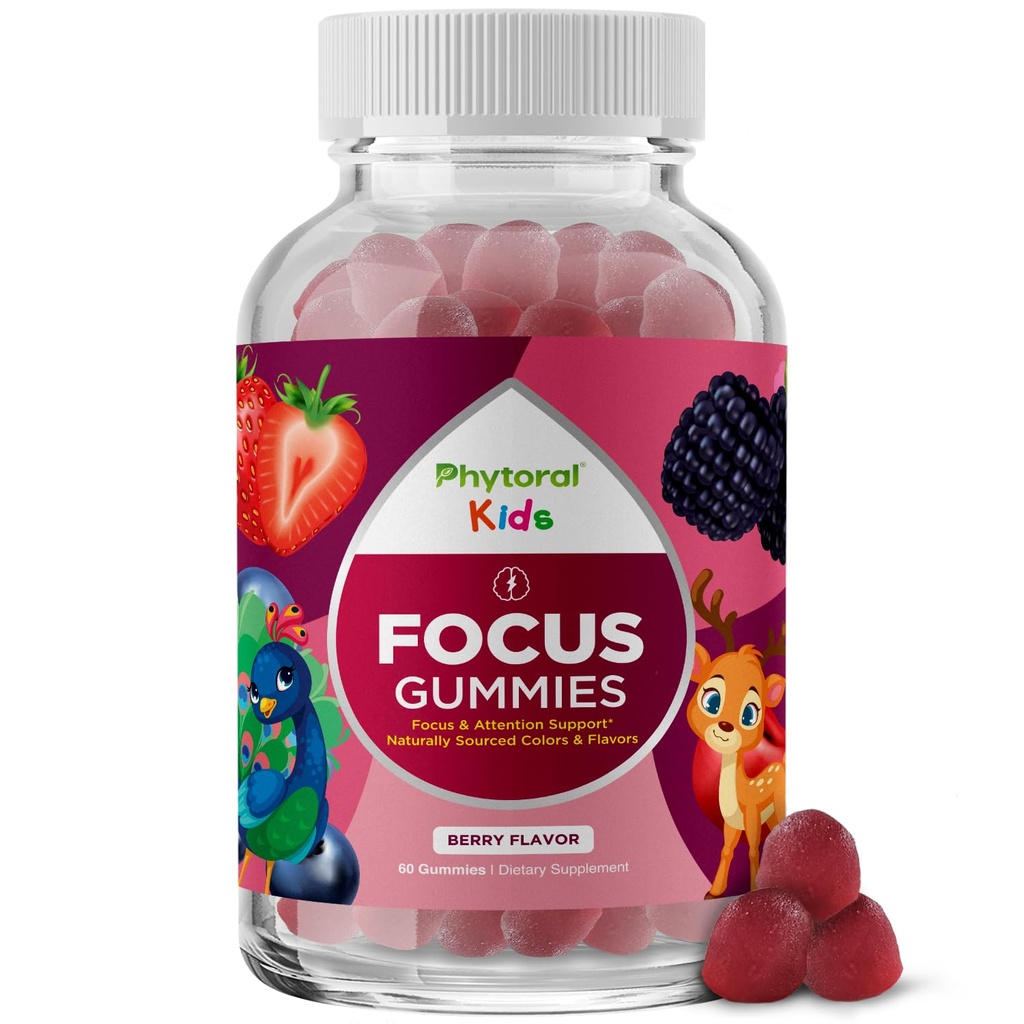 Phytoral Vegan Kids Focus Gummies - Potent Chewable Cerveau Support for Children - Améliore la concentration et la mémoire - Suppléments calmants et Gummies Focus pour enfants - Non-OGM et sans gluten - 60 Comte