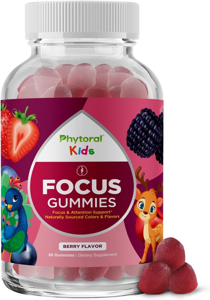 Phytoral Vegan Kids Focus Gummies - Potent Chewable Cerveau Support for Children - Améliore la concentration et la mémoire - Suppléments calmants et Gummies Focus pour enfants - Non-OGM et sans gluten - 60 Comte