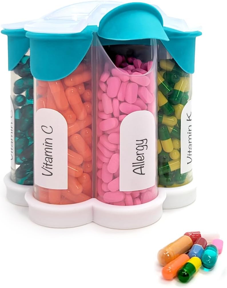 Extra große Pillen Organizer Täglich, Wöchentlich, Monatliche Beilage Flasche, niedliche Blossom Pillenspender mit 7 XL Komponenten, einfach geöffnete Pillen Box für Vitamine, Medikamente, Labels Included (Teal)