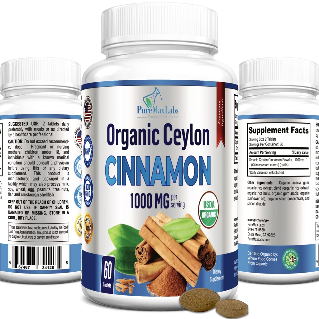 Bio Ceylon Cinnamon - 1000mg pro Servieren, Zertifizierte Bio echte Cinnamon Ergänzung, Antioxidans, schnelle Absorption - 60 Tabletten