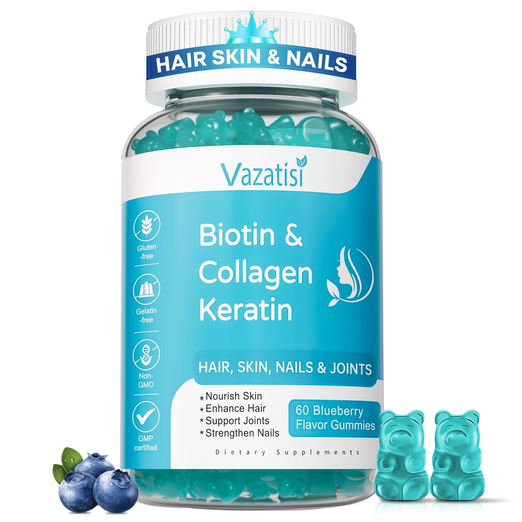 Gommies de biotine avec collagène et kératine pour les ongles de peau de cheveux- soutient la croissance des cheveux et des ongles plus forts, femmes hommes, enfants - 60 Gommies aromatisées aux bleuets