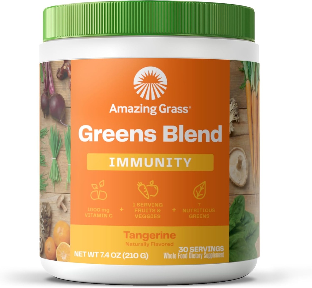 Erstaunliche Gras Green Superfood Immunität: Super Greens Pulver mit Vitamin C, Cordyceps, Rüben Wurzelpulver & Reishi Pilze, Tangerine, 30 Servierungen