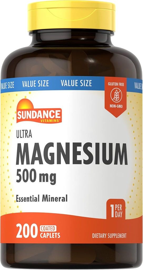 Supplément de magnésium Sundance : 500 mg 200 Count, Végétarien, Non-OGM et Sans gluten