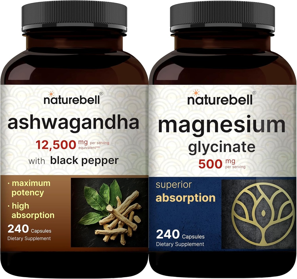 NatureBell Glycinate Magnésium Capsules 500mg & Ashwagandha 12 500 mg Équivalent avec Black Pepper Bundle Pack.