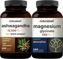 NatureBell Glycinate Magnésium Capsules 500mg & Ashwagandha 12 500 mg Équivalent avec Black Pepper Bundle Pack.