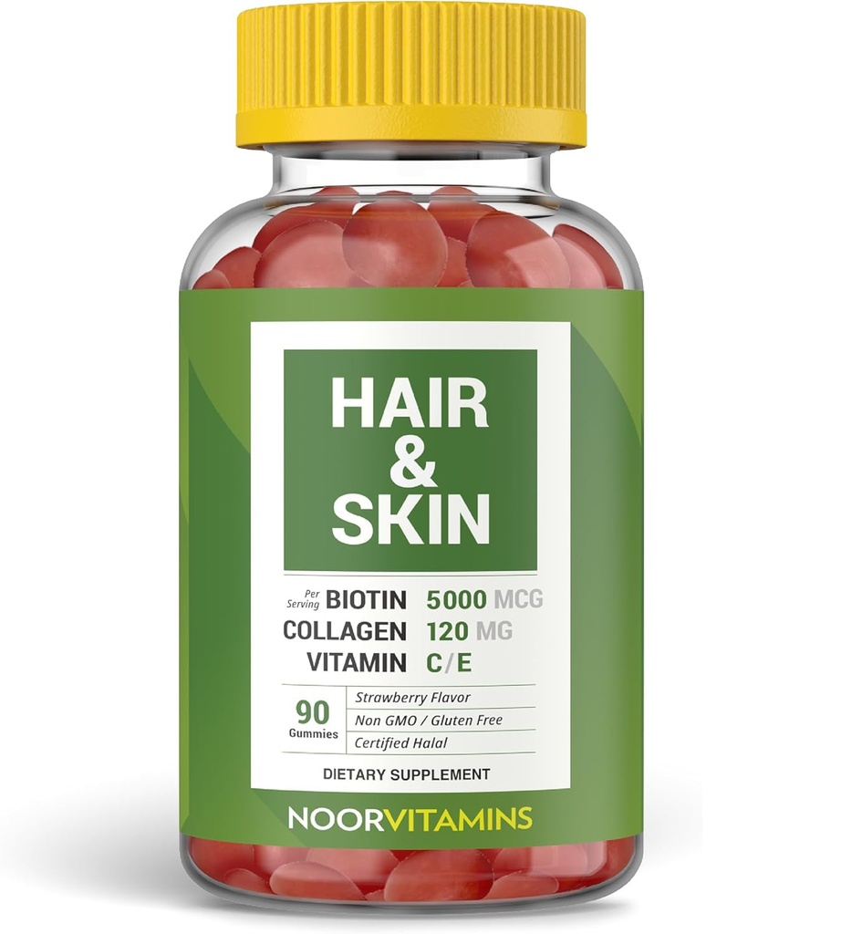 Noor Vitamines Halal Vitamines capillaires Biotine, Collagène, Silice, Vitamine C & E soutient la santé des cheveux, de la peau et des ongles; les vitamines gommy de fraise naturelles. OGM, sans gluten et vitamine halale certifiée (nombre 90)