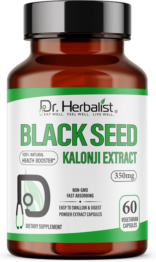 Dr. HERBALIST Schwarzer Seed Extrakt 350mg – 60 Vegan Kapseln | 10:1 Extrakt = 3.500mg Raw Black Seed Powder | Premium Nigella Sativa Supplement | High Thymoquinone | Natural Wellness Support