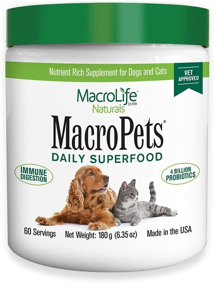 MacroLife Naturals MacroPets Greens Superfood Ergänzung Pulver Topper für Hund Katze kleine Mammal, natürliche Ernährung Boost Probiotics Verdauungsenzyme Vitamin E - Immune Gut Gesundheit & Energie - 6.35oz