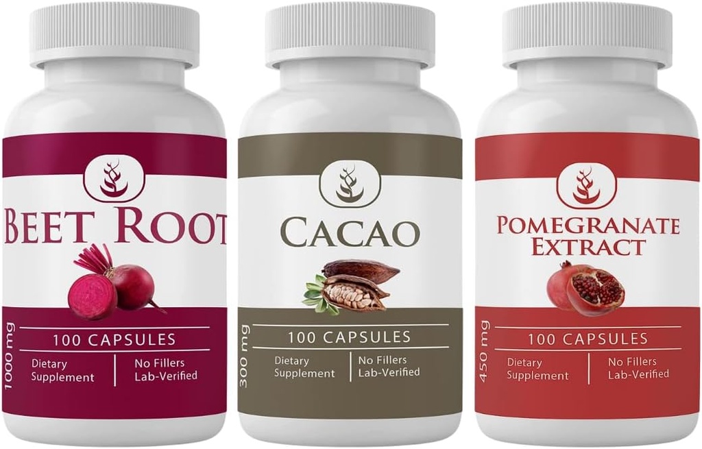 PURE ORIGINAL INGREDIENTS Cacao, Granatapfel, & Beet Root Bundle (100 Kapseln jeder), keine Zusatzstoffe oder Füllstoffe, Lab Verifiziert