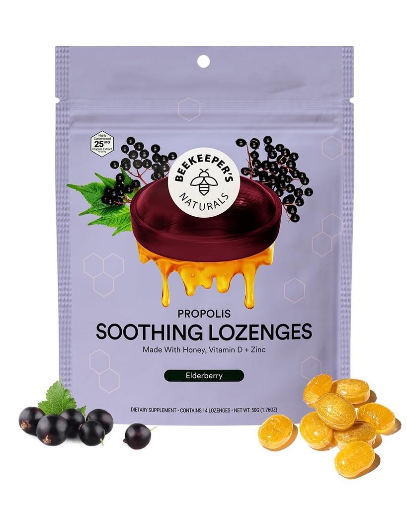 Beekeeper's Naturals Beruhigende Honig Elderberry Cough Tropfen Immununterstützung mit Vitamin D, Zink und Propolis Throat beruhigende Lozenges, 14 Ct