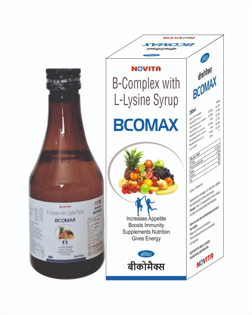Bcomax Syrup 200ml | B-Complex Syrup with Vitamin B1, B2, B6, B12, Pantothenic Acid, Nicotinamide & L-Lysine HCl