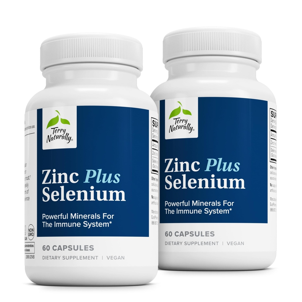 Terry Naturally Zinc Plus Selenium -Immune & Respiratory Health Supplement -Mineral Supplement with Zinc Bisglycinate Chelate -Formula with Selenium for Cellular Health Support - 60 Capsules (2-Pack)