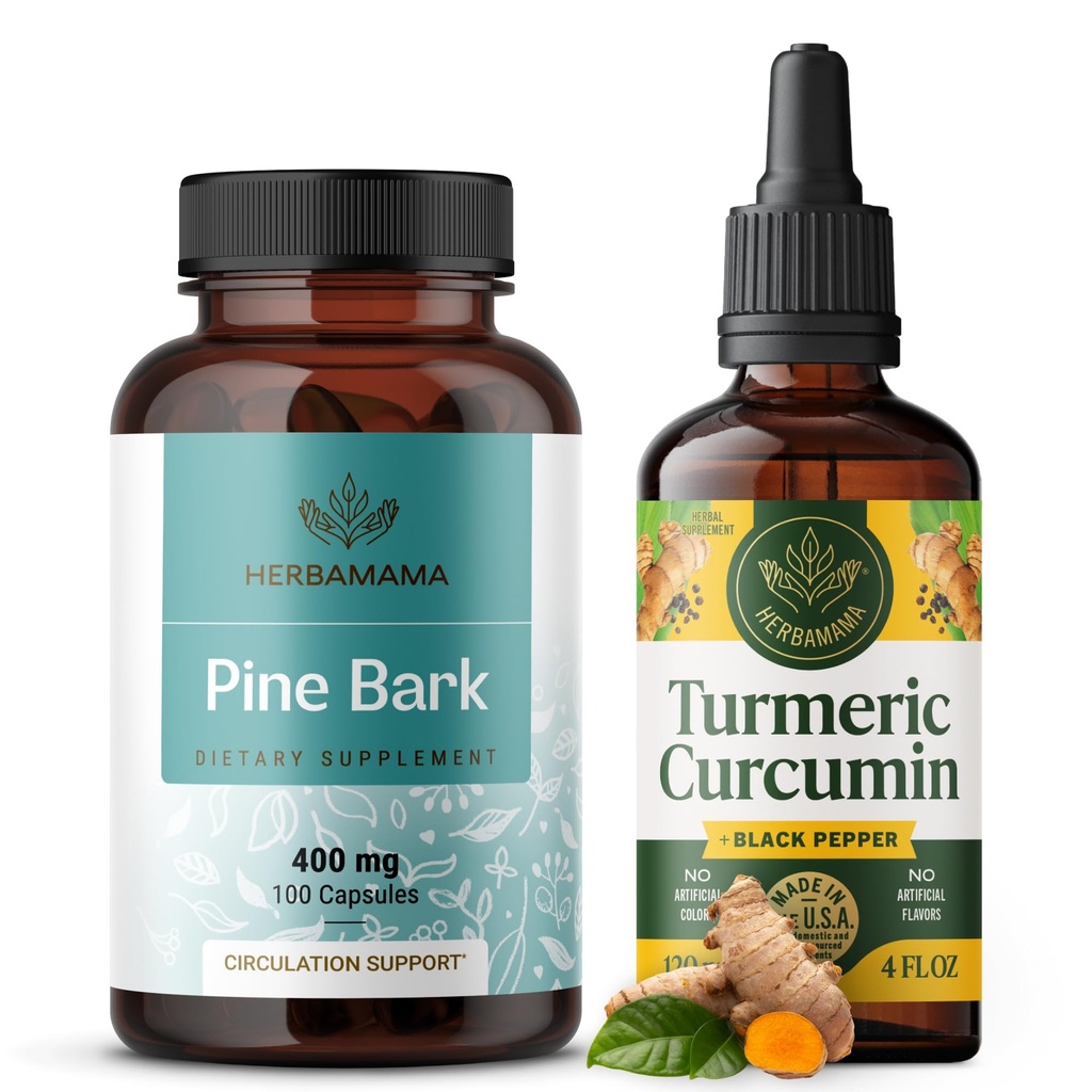 HerbAMAMA Trousse d'extrait de curcuma et d'écorce de pin - Ensemble de 400 mg de capsules Maritimes françaises et de teinture d'extrait de curcuma 2 fl oz - Vegan, non-OGM, sans sucre et sans alcool - 2 Pack