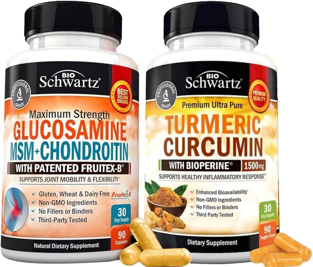 BioSchwartz Curcumine curmérique avec extrait de poivre noir 1500mg Complexe (1 mois d'approvisionnement) Plus Glucosamine Chondroïtine MSM Triple Strength Joint Support Supplément (1 mois d'approvisionnement)