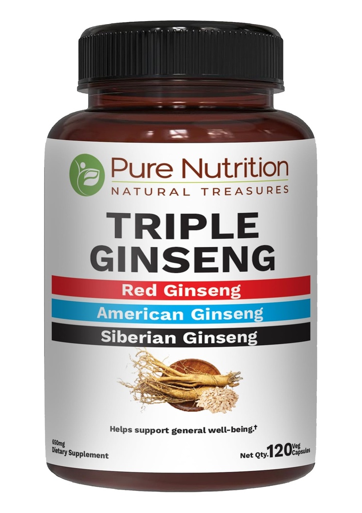 Pure Nutrition Triple Ginseng 650mg | 120 Caps | Complex for Men and Women | Highly Effective Combination of Red, American and Siberian Ginseng. Nicht GVO
