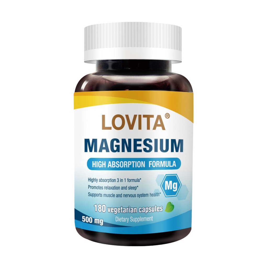Lovita Triple Magnesium Complex 500mg, hohe Absorption und Potenz Formel, Glycinat, Citrat & Oxid, Support Schlaf, Entspannung, Herz, Nerves & Knochen Gesundheit, 180 Vegan Kapseln