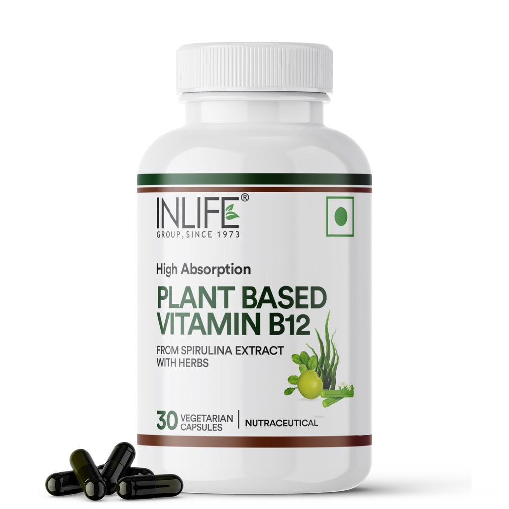 INLIFE Plant Based Vitamin B12 Supplement, Spirulina Moringa, 30 Veg Caps