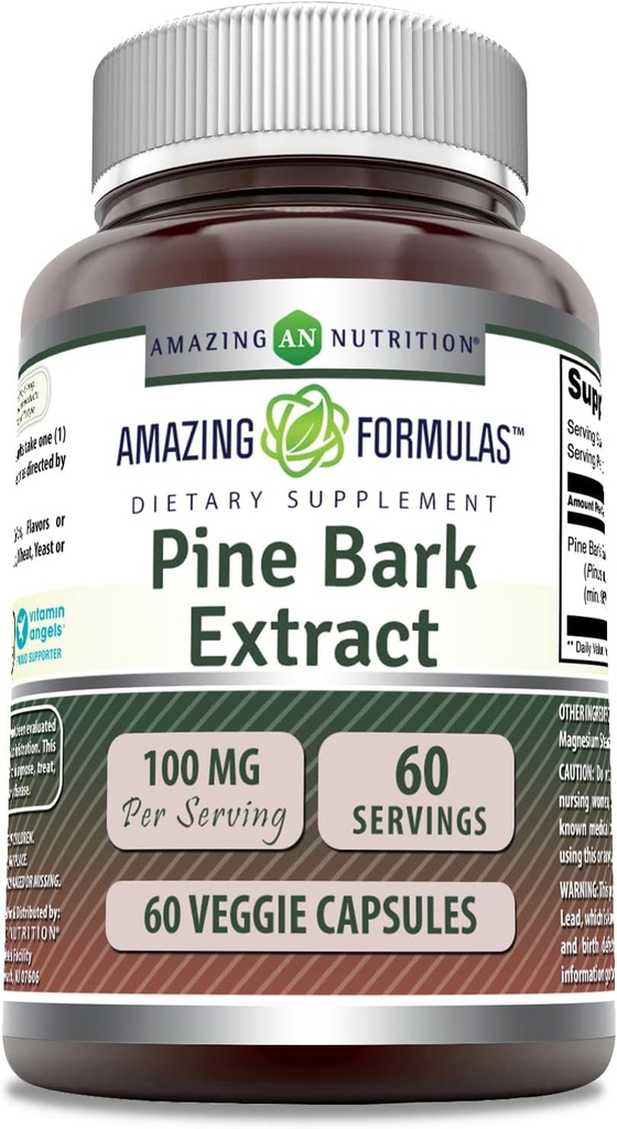 Formules étonnantes Extrait d'écorce de pin 100 mg Supplément de capsules végétariennes non-OGM sans gluten