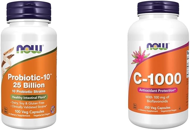 JETZT Ergänzungen, Probiotic-10TM, 25 Billion, mit 10 Probiotischen Strainen, Dairy, Soy und Gluten Free & Supplements, Vitamin C-1.000 mit 100 mg Bioflavonoids, Antioxidant Protection*, 250 Kapseln