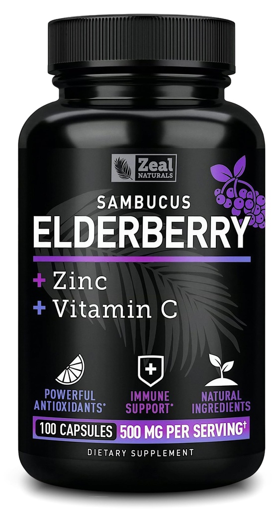 Zeal Naturals Max Strength Elderberry Kapseln + Zink + Vitamin C | 500mg für Immunsystem Unterstützung mit schwarzem Sambucus Elderberry | 100 Count | 3-in-1 Immununterstützung für Erwachsene