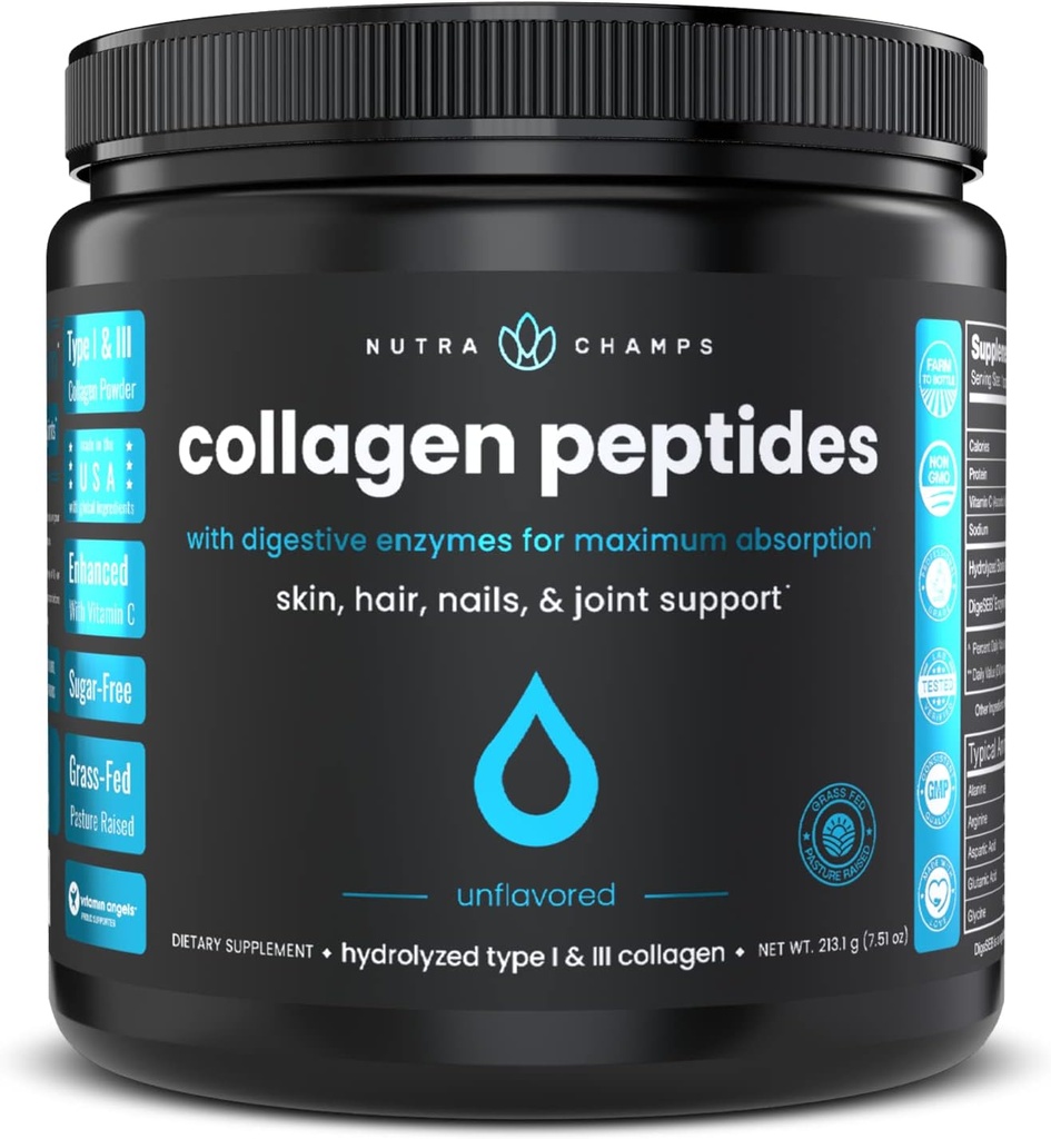 Collagen Peptides Powder - Verbesserte Absorption, Doppelhydrolysiert, Gras Fed, Keto Protein Pulver mit Vitamin C - Premium-Ergänzung für Haarwachstum, Haut, Nägel, Gelenke & Knochen, Unflavored