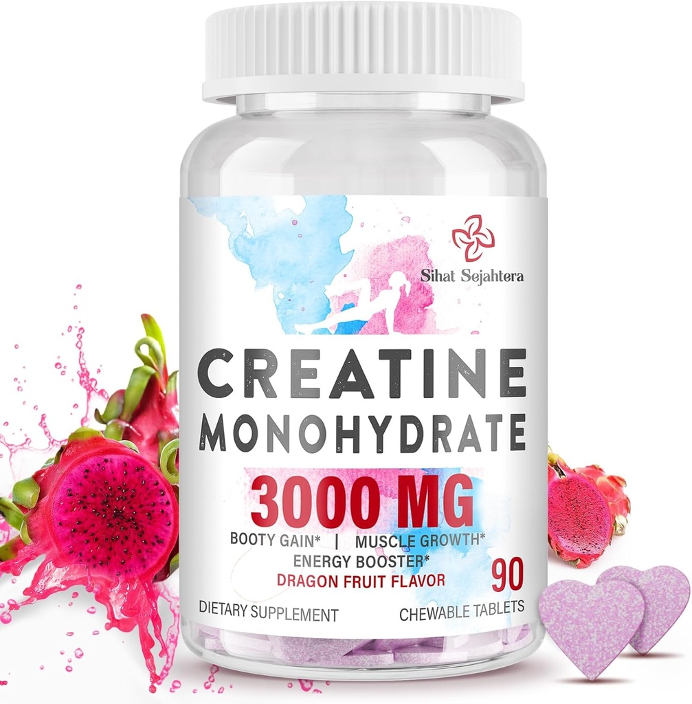 3000 MG Creatine Monohydrat für Frauen & Männer, Kreatin Pillen mit BCAA & Hydrolysed Collagen Creatine Chews Tabletten für Leistung & Erholung, Stärke, Dragon Fruit Flavor, 90 Tabletten