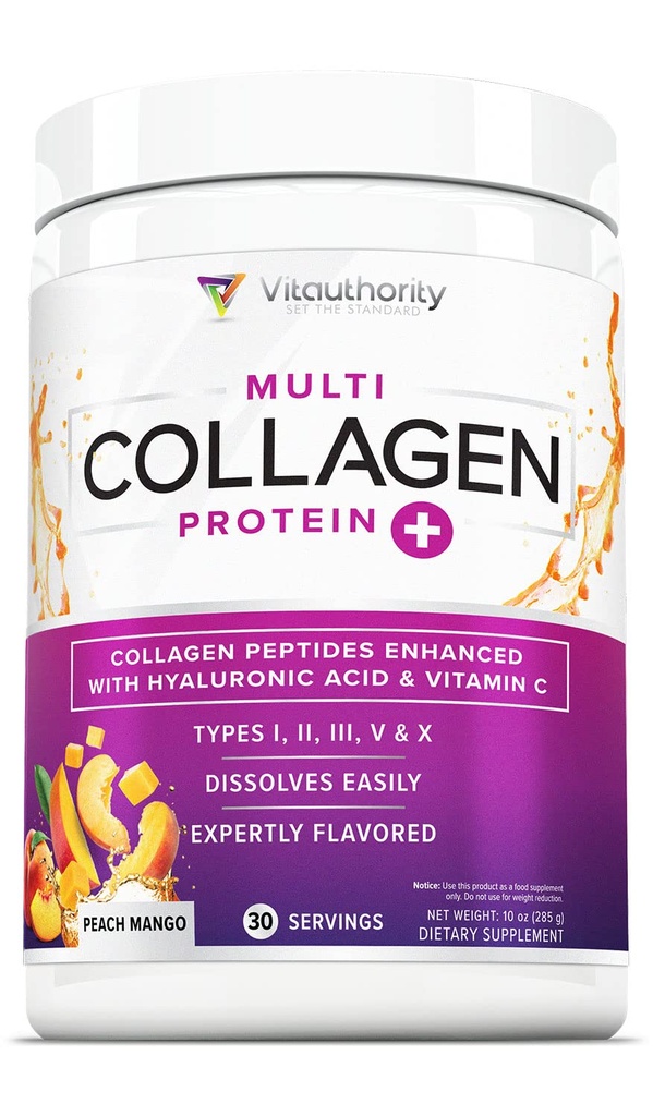 Multi Collagen Peptide Pulver für Frauen - Hydrolysiertes entflammtes Kollagenpulver für Frauen mit Typen I II III V & X Vitamin C & Hyaluronsäure für Haarhaut und Nägel (Peach Mango) - 30 Servierungen