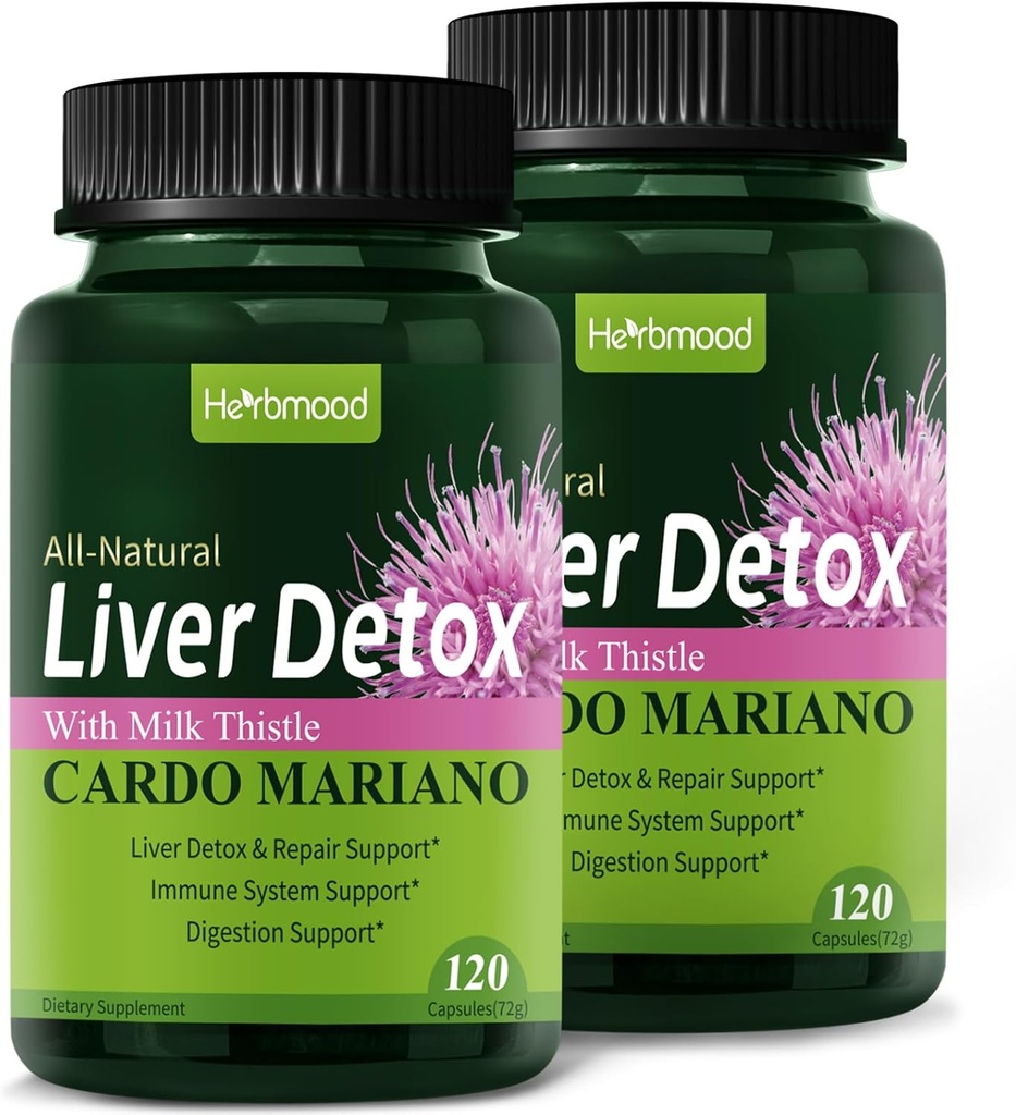 Herdmood Silymarin Milk Thistle Liver Detox Capsules for Fatty Liver, Alcachofa y Cardo Mariano con Silimarina para el Higado Graso, Liver Cleanse Detox & Repair Formula w/Artichoke Extract. 240Land