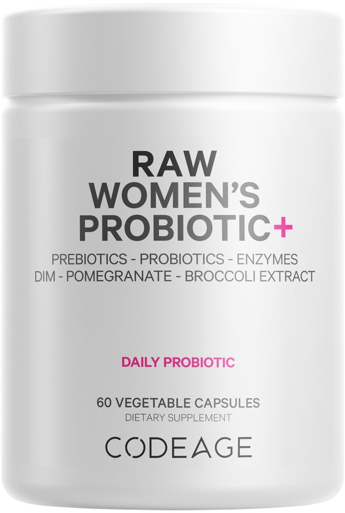 Codeage Supplément Probiotique+ femmes brutes - 34 souches probiotiques, 100 milliards d'UFC, enzymes digestives, mélange prébiotique, DIM, extraits à base de plantes, phytonutriments - non-OGM - 30 capsules