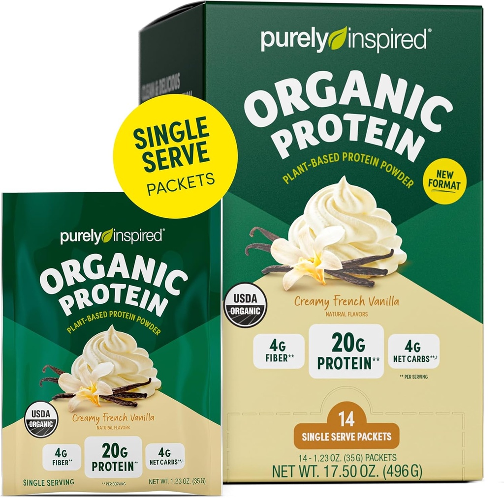Pure Inspired Organic Protein Powder, 14 Single Serve Packets, Creamy Vanilla - 20g pflanzenbasiertes Proteinpulver für Glatteien & Shakes - Dairy-Free, Non-GMO - für Herren & Frauen
