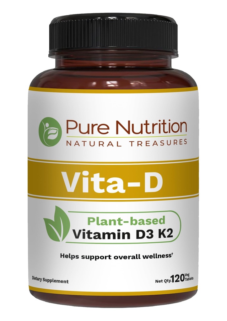 Pure Nutrition Vita D3 K2 - Pflanzenbasiertes Vitamin D3 K2 Nahrungsergänzungsmittel | 120 Tabs | Vitamin D3 6000 IU | Vitamin K2 als MK7 100mcg | Vitamin K2 D3 | Non GMO |