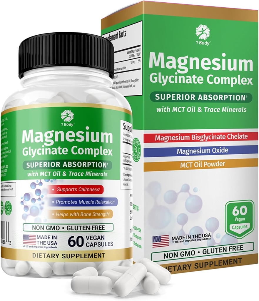 1 Body Magnesium Glycinate-Komplex, hohe Absorption Magnesium-Ergänzung für Kalm, Muskel-Entspannung & Knochen Gesundheit Unterstützung, Vegan mit MCT Öl & Trace Minerals, Non-GMO, 60 Kapseln