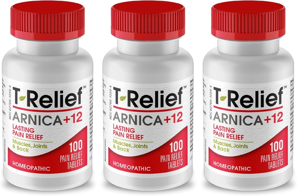 T-Relief Arnica +12 actifs naturels pour soulager la douleur dans le dos Douleurs musculaires articulaires et étourdissement, corps entier Soulagement rapide pour les femmes et les hommes - 100 comprimés (3 pack)