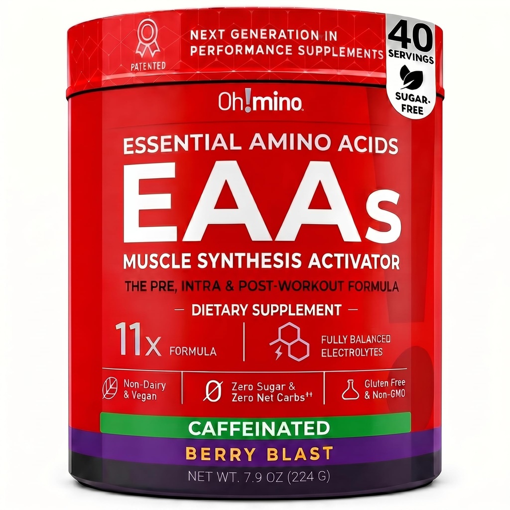 Oh!mino Essential Amino Acids Supplement. Berry Blast, Koffeiniertes Pulver. Alle 9 EAAs, BCAAs und die perfekte Amino für Workouts, Amino Energy, und um Muskeln zu bauen und schneller wiederherzustellen.