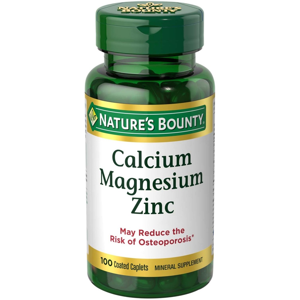 Nature's Bounty Calcium Magnésium & Zinc Caplets, Immune & Bone Health, Supplément quotidien, 1000mg Calcium, 400mg Magnésium, 600 UI Vitamine D, Sans gluten, 100 Caplets