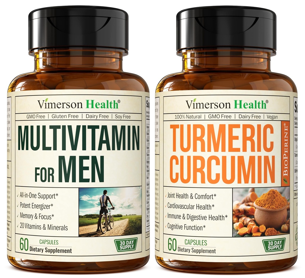 Vimerson Health Herren Multivitamin + Kurkuma mit schwarzem Pfeffer Extrakt Bundle. Gelenk- und Immununterstützung, Discomfort Relief, Antioxidante Eigenschaften für ihn