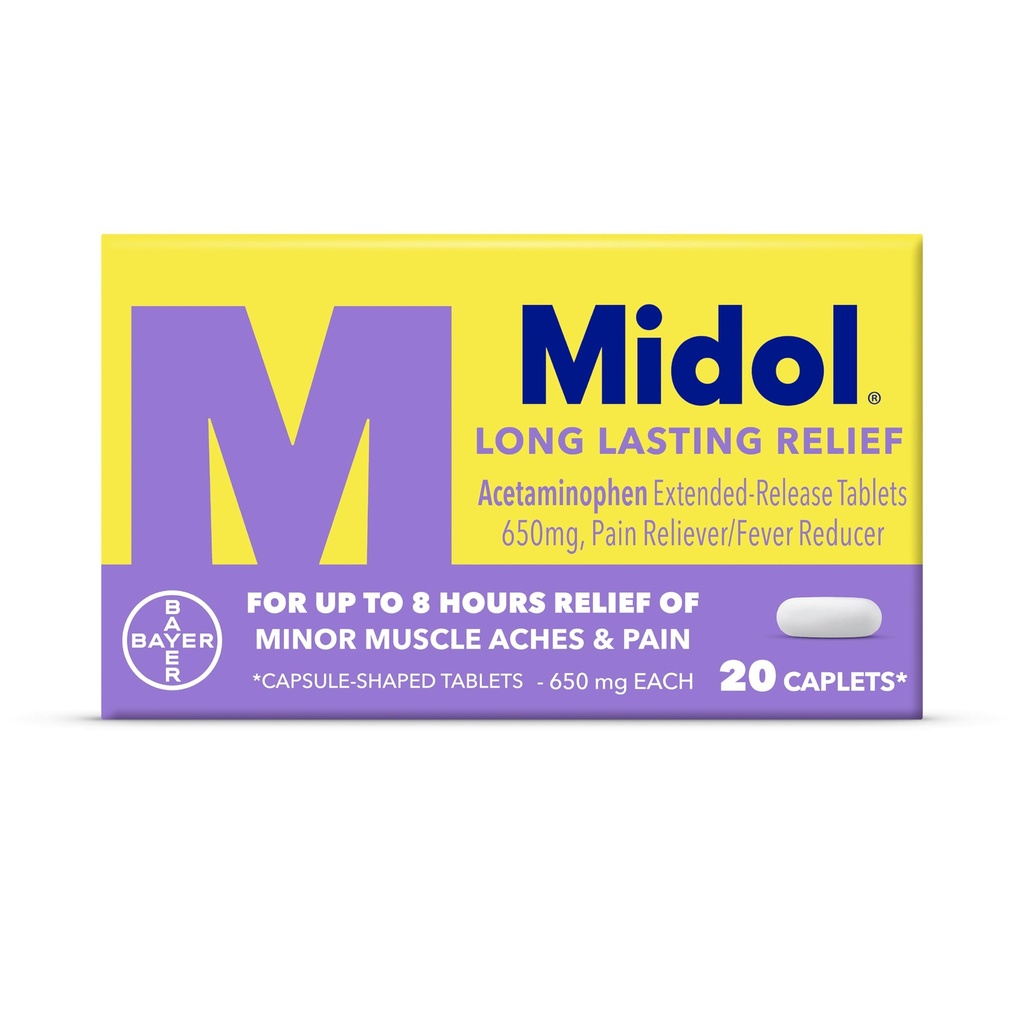 Midol Long Lasting Relief 20ct: Midol Long Lasting Relief, Menstrual Symptom Reliever & Fever Reducer, Caplets mit Acetaminophen für Menstrual Pain Relief - 20 Count (Packaging May Vary)