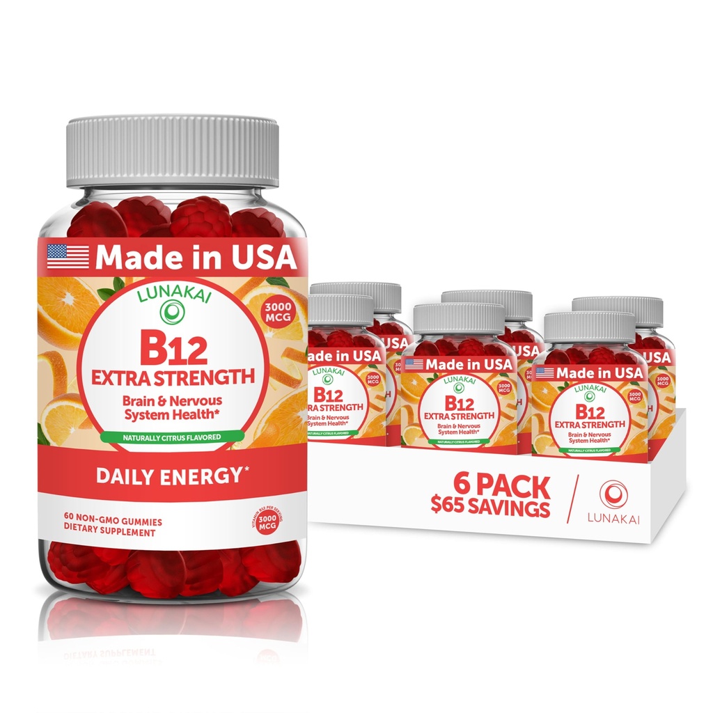 Vitamin B12 Gummi für Erwachsene - Tastiest proprietäre Formel - 3000mcg Methyl B-12 Hohe Absorption Energie Gummi - Non-GMO Vegan Vit B12 - Kaubar B 12 für Energieunterstützung und Knochengesundheit - 6 Pack