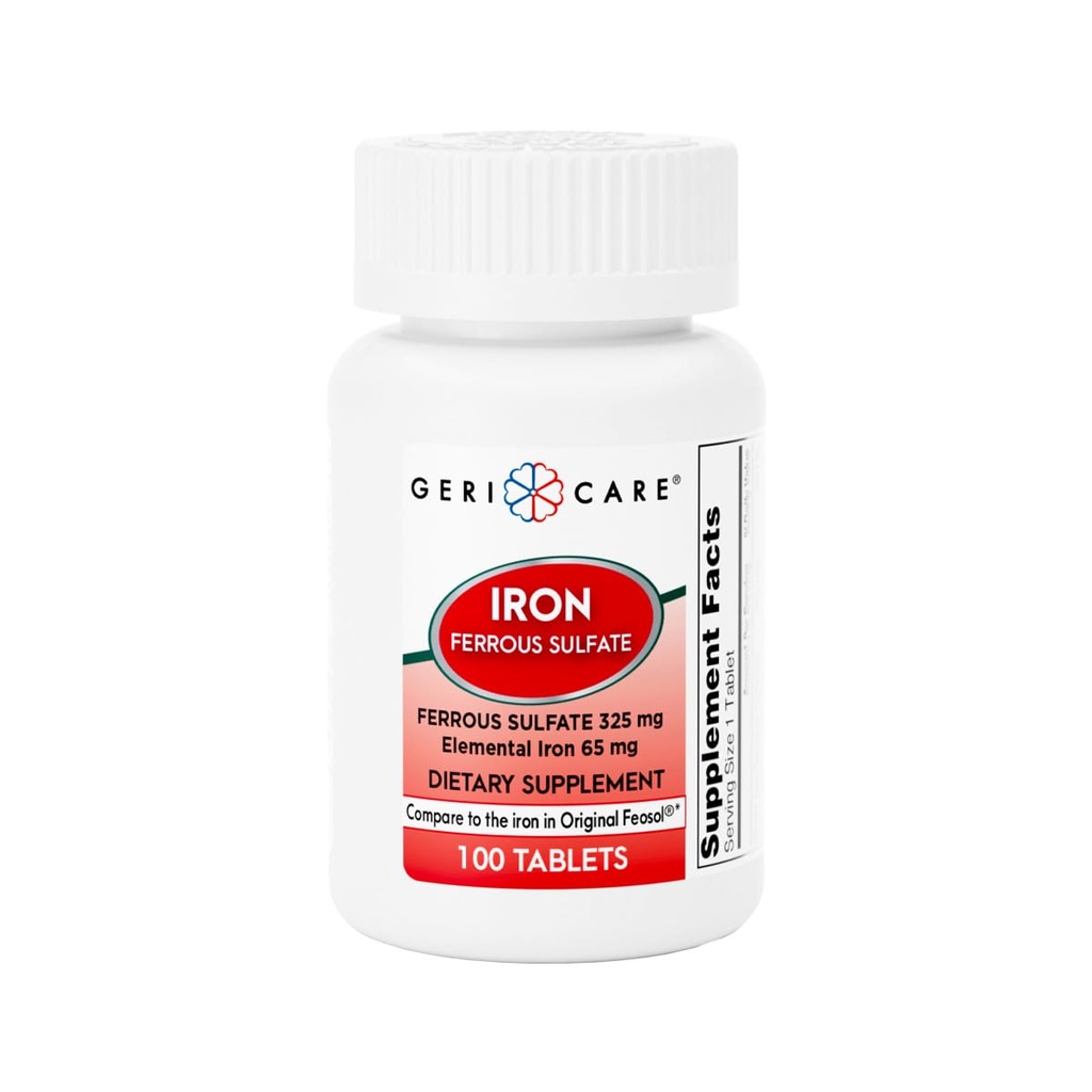 Comprimés de sulfates ferreux GeriCare 325mg, supplément de fer élémentaire 65 mg de fer à haute puissance.