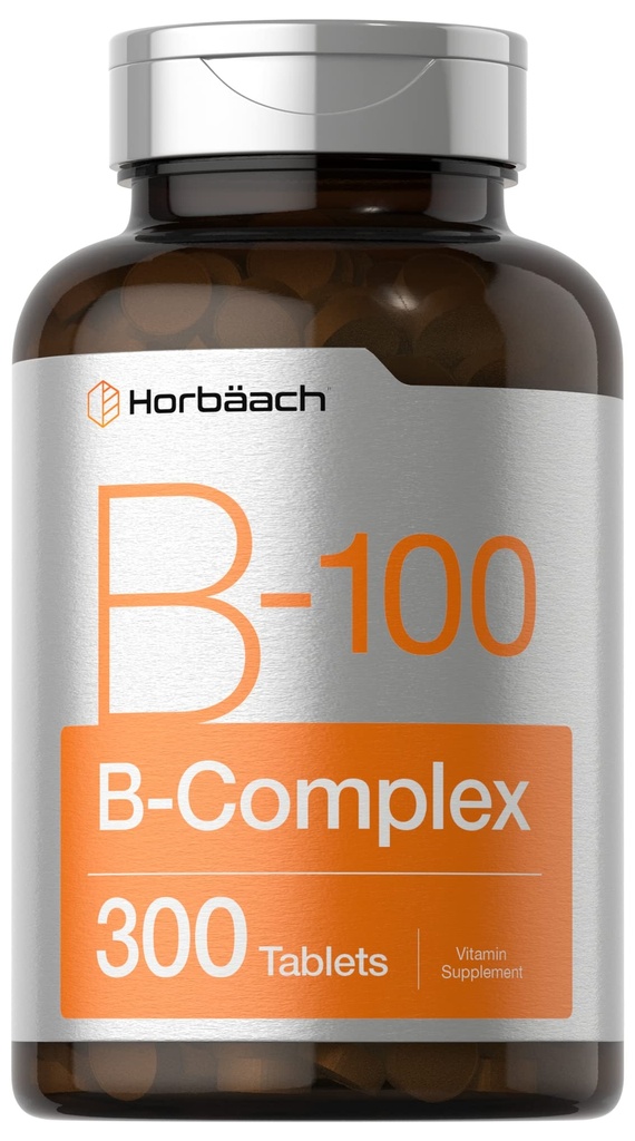Horbäach Vitamin B-100 Complex | 100% of Daily Value | 300 Tablets | Vegetarian, Non-GMO, and Gluten Free Supplement