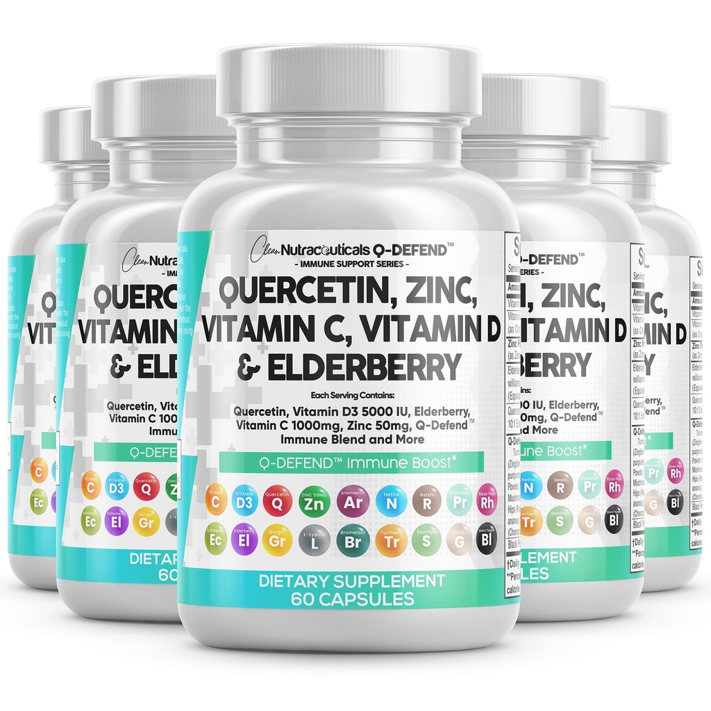 Saubere Nutraceuticals Quercetin Zink Vitamin C Vitamin D Bromelain Elderberry - Lung Immun Support Supplement Erwachsene mit Artemisinin, Sea Moss, Echinacea, Allergy Relief (60 Count (Pack von 5))