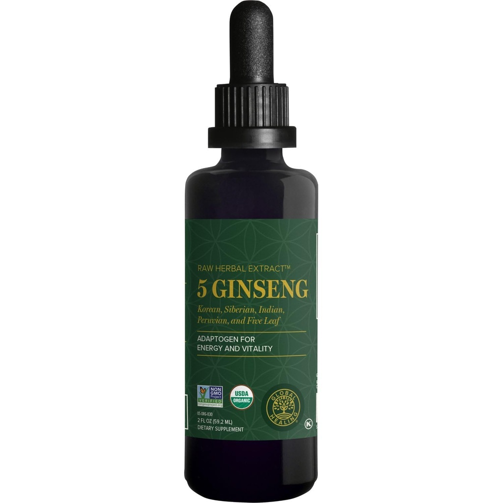 Global Healing Center - Ginseng - Organic Raw Kräuterextrakt - Liquid Panax Supplement Drop fördert Energie - Korean und Sibirische Ginseng Supplement, Maca, Ashwagandha - Non-GMO - 2 Fl Oz