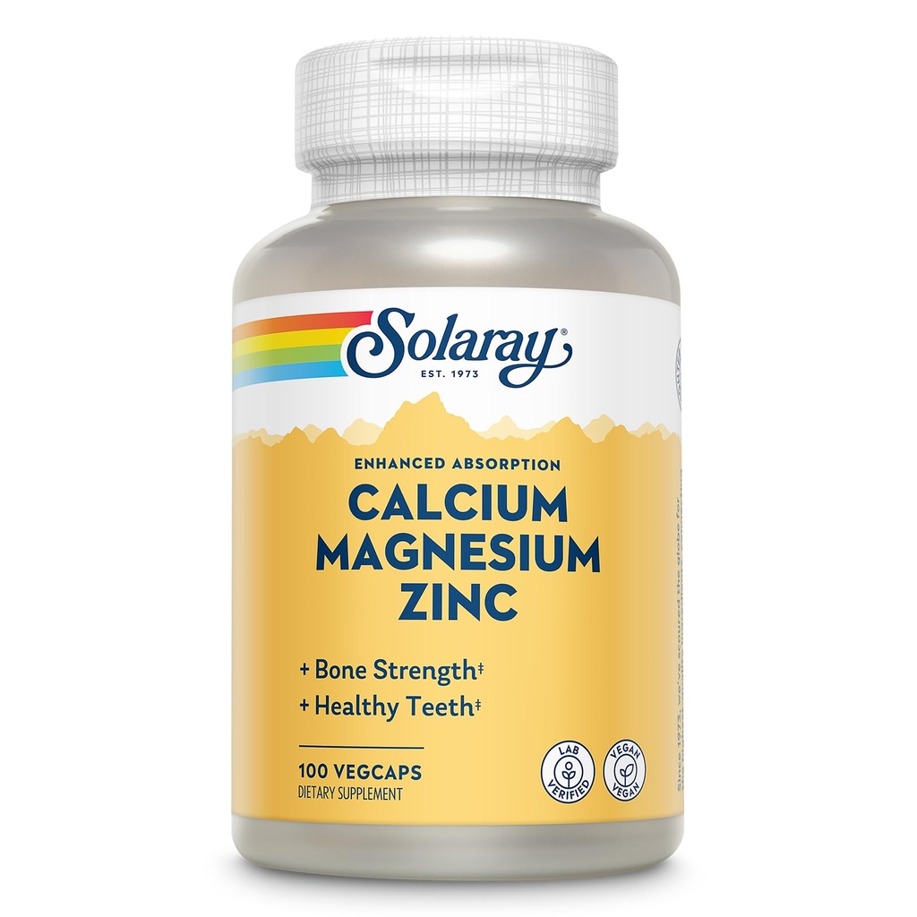 SOLARAY Calcium Magnesium Zinc Supplement - with Calcium 1000mg, Magnesium 500mg - Bone Health, Muscle Function, Heart Health and Immune Support - Vegan, 60 Day Guarantee, 25 Servings, 100 VegCaps