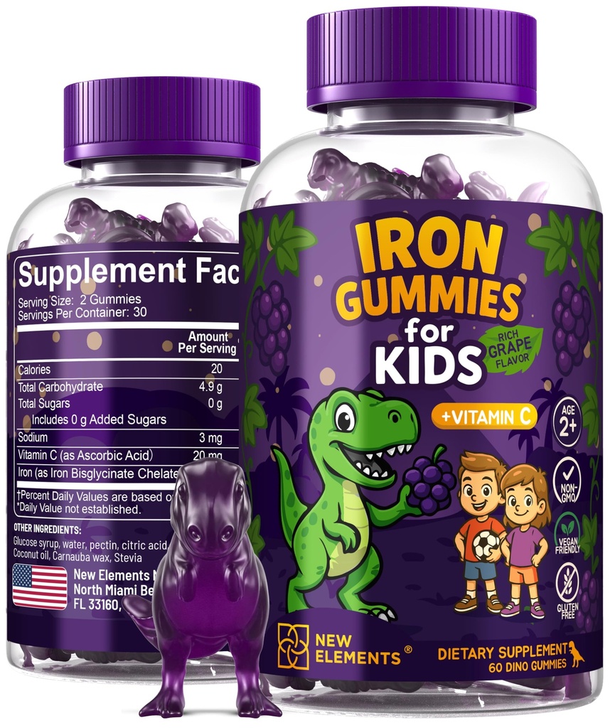 Eisen Dinosauriergummis für Kinder mit Vitamin C | Sugar-Free, Vegan, Gluten-Free & Non-GMO | Anemia Relief, Energy & Blood Health Support | Korn Flavor, Pectin-basiert für optimale Gesundheit